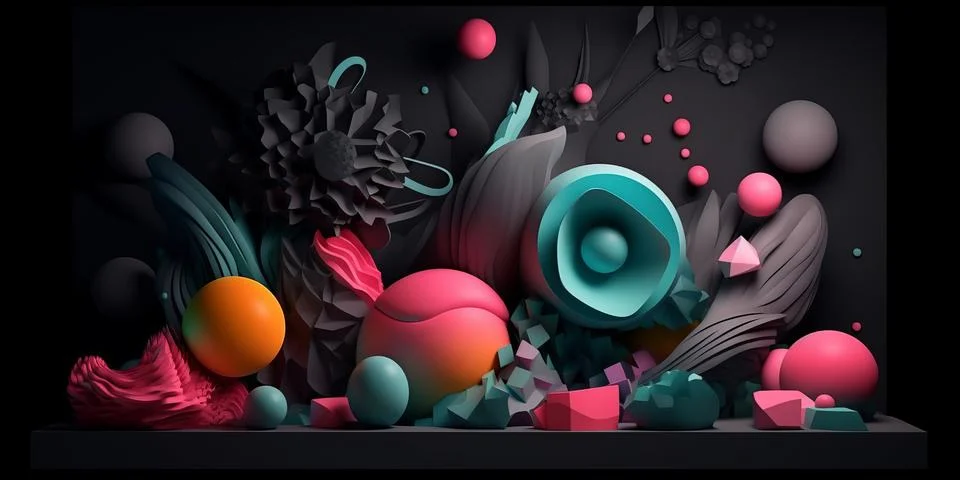 Abstract horizontal composition with 3d objects and flowers on black background. イラスト素材