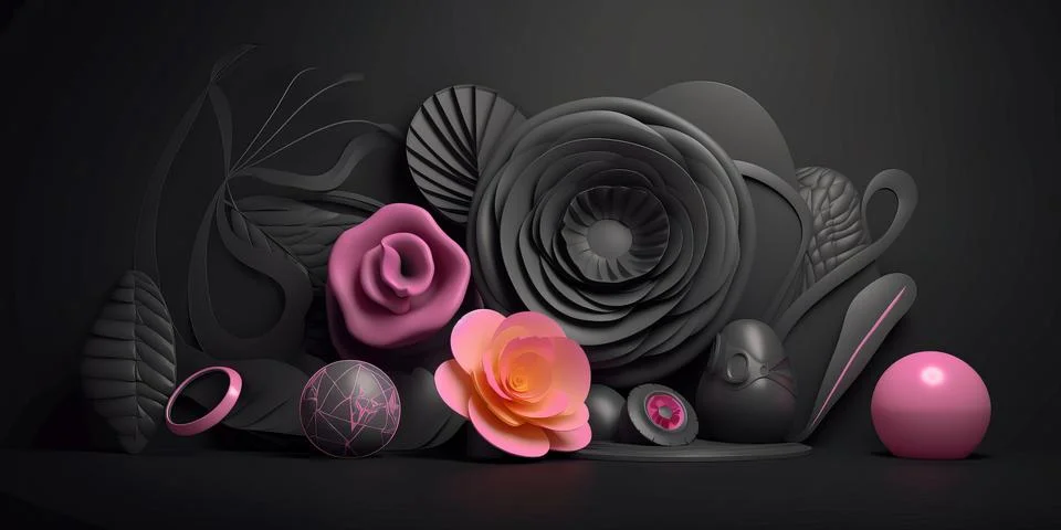 Abstract horizontal composition with 3d objects and flowers on black background. イラスト素材