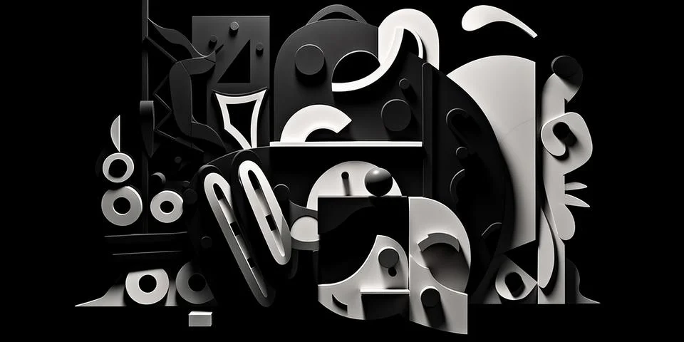 Abstract horizontal composition with black 3d objects on black background. イラスト素材