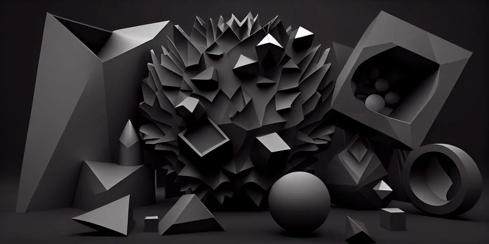 Abstract horizontal composition with black 3d objects on black background. イラスト素材