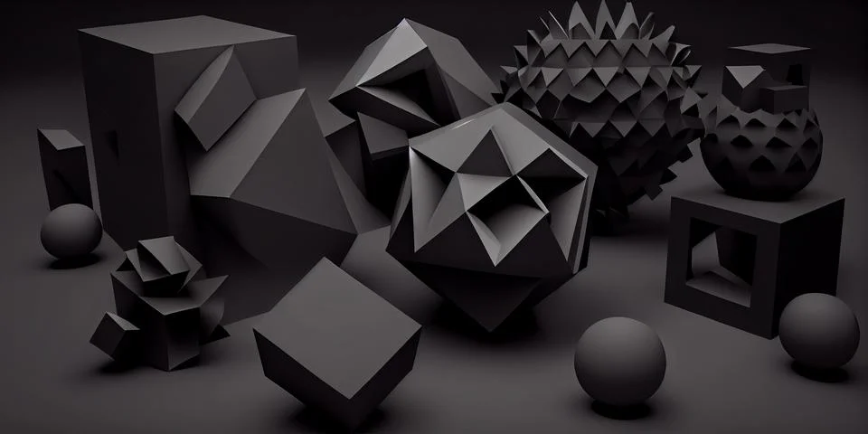 Abstract horizontal composition with black 3d objects on black background. イラスト素材