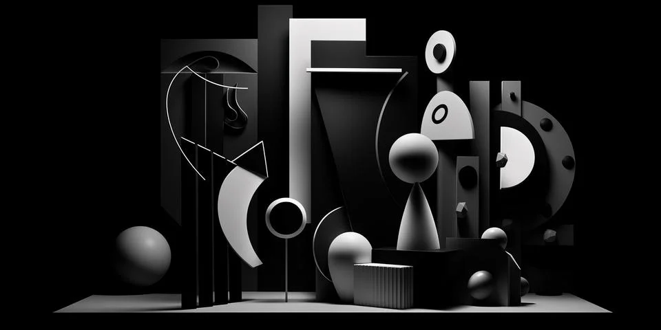 Abstract horizontal composition with black 3d objects on black background. イラスト素材