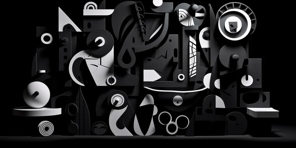 Abstract horizontal composition with black 3d objects on black background. イラスト素材