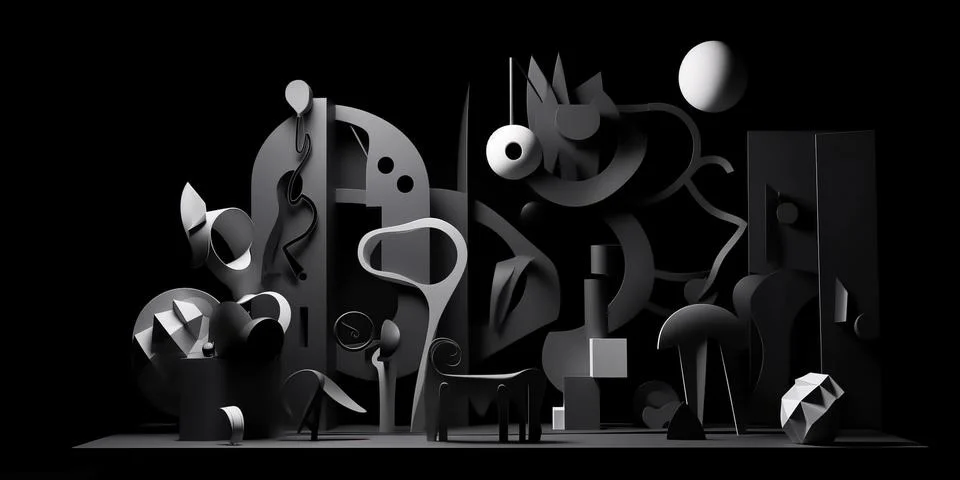 Abstract horizontal composition with black 3d objects on black background. イラスト素材