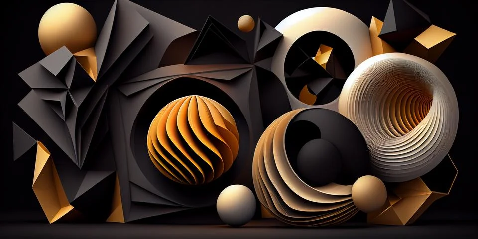 Abstract horizontal composition with black and gold 3d geometric objects on イラスト素材