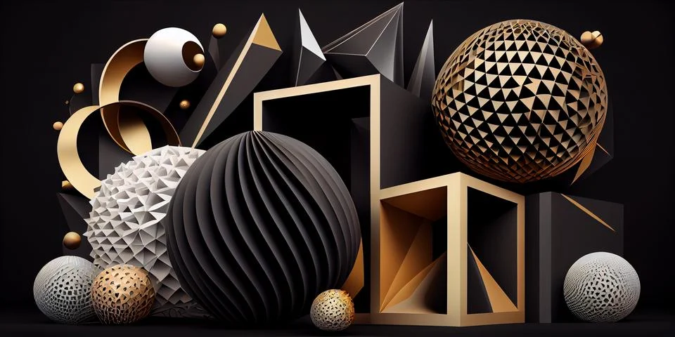 Abstract horizontal composition with black and gold 3d objects on black イラスト素材
