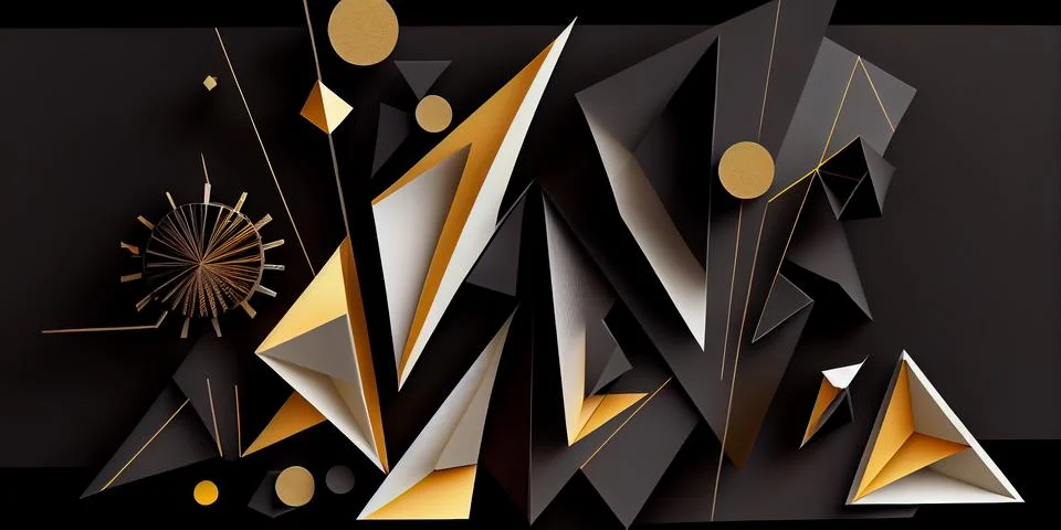 Abstract horizontal composition with black and gold 3d geometric objects on イラスト素材