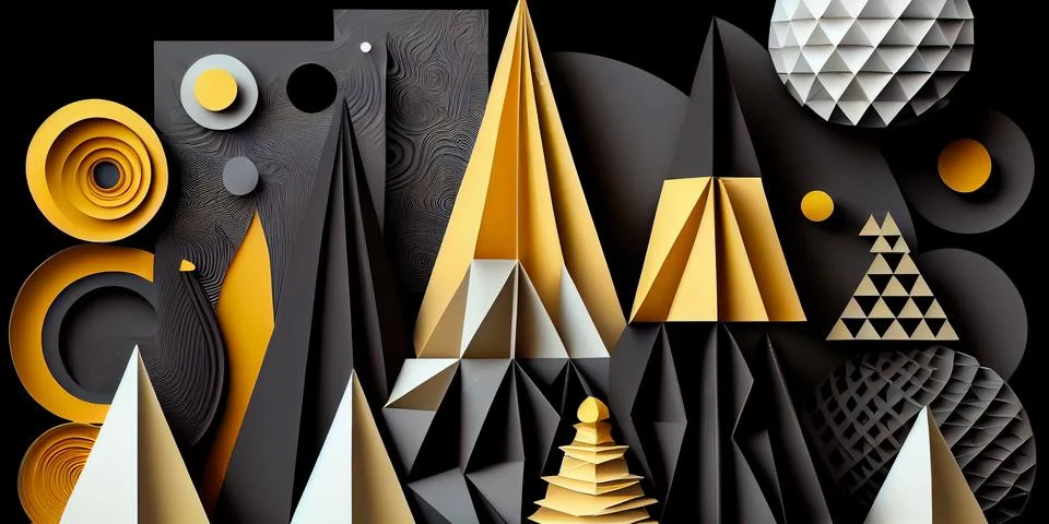 Abstract horizontal composition with black and gold 3d geometric objects on イラスト素材