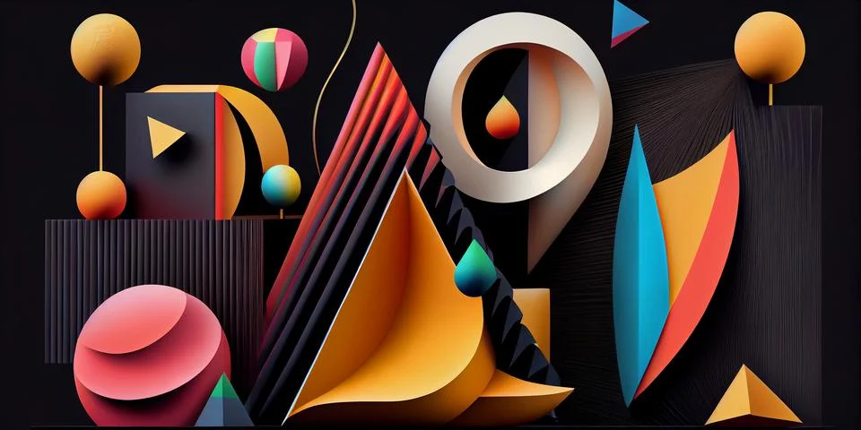 Abstract horizontal composition with colorful 3d geometric objects on black Stockillustratie