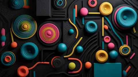 Abstract horizontal composition with colorful 3d objects on black background. イラスト素材