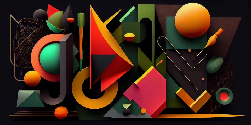 Abstract horizontal composition with colorful 3d geometric objects on black イラスト素材