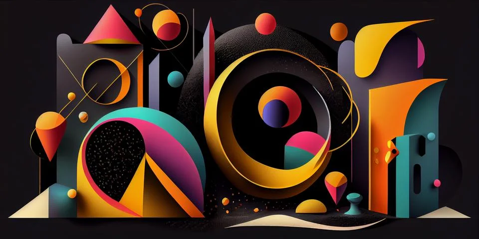 Abstract horizontal composition with colorful 3d geometric objects on black イラスト素材