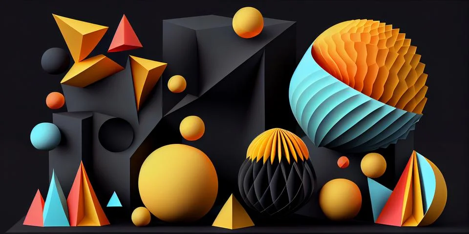 Abstract horizontal composition with colorful 3d geometric objects on black イラスト素材