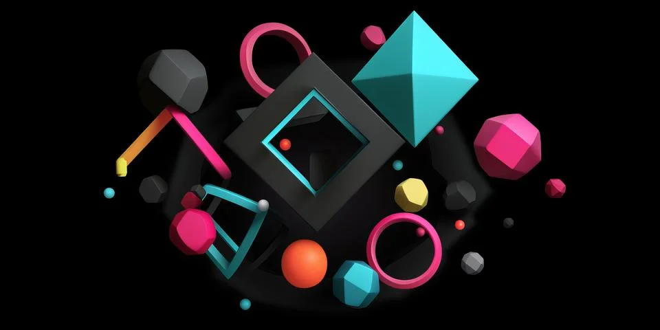 Abstract horizontal composition with colorful 3d geometric objects on black イラスト素材
