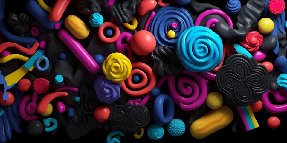 Abstract horizontal composition with colorful 3d objects on black background. イラスト素材