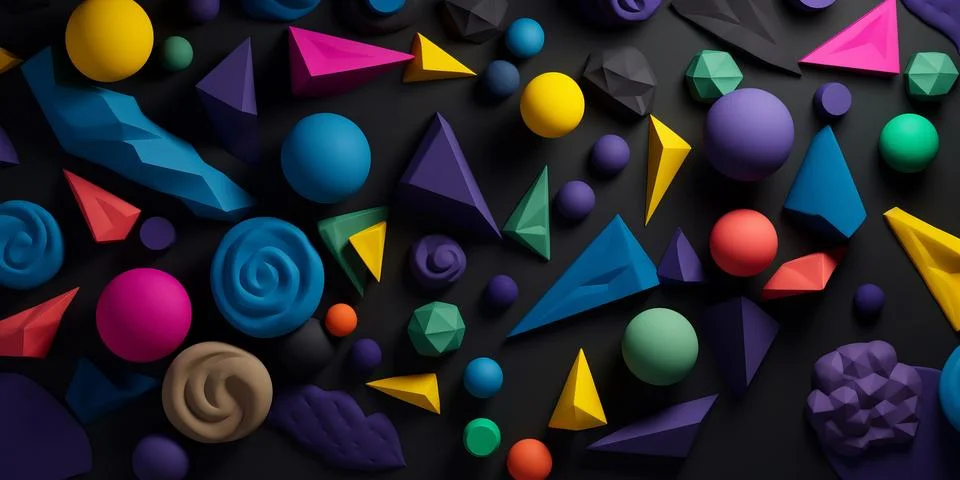 Abstract horizontal composition with colorful 3d objects on black background. イラスト素材