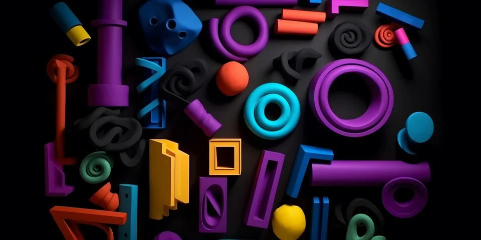 Abstract horizontal composition with colorful 3d objects on black background. イラスト素材