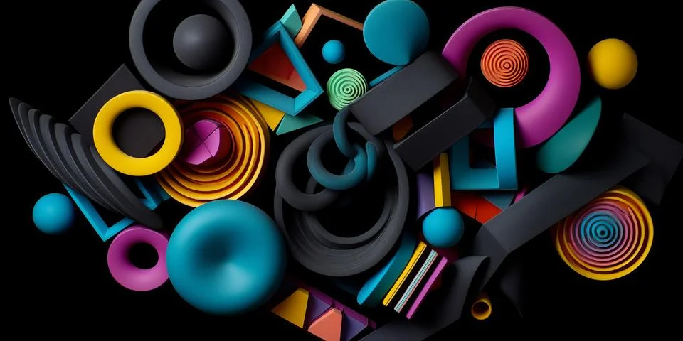 Abstract horizontal composition with colorful 3d objects on black background. イラスト素材