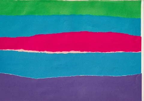 Abstract horizontal composition of green, blue, pink and purple paper strips Stock Photos