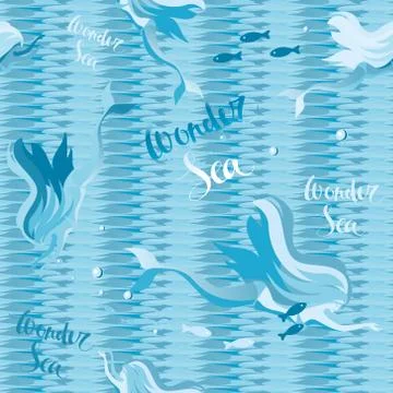 Abstract horizontal vector blue texture with mermaids and loondez sea 库存插图