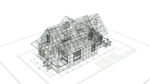 Abstract House Construction Beautiful 3d Blueprint Mesh on White. 3d Animation Stock Footage