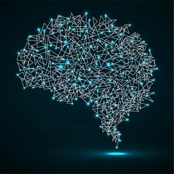Abstract human brain of glowing dots and lines, polygonal structure, vector i Illustrazione stock
