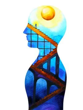 Abstract human connection mind and body moon power watercolor painting Stock Illustration