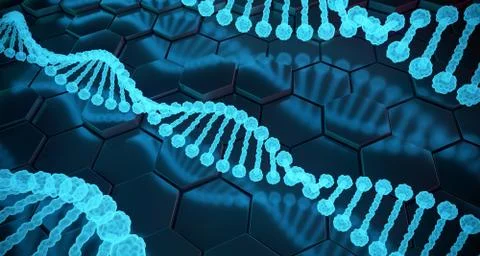Abstract Human Dna Detailed Structures On Hexagon Background. 3D Rendering Stock Illustration