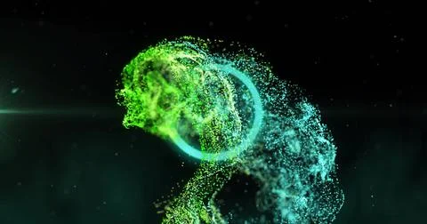 Abstract human figure made of particles with circular motion image Illustrazione stock