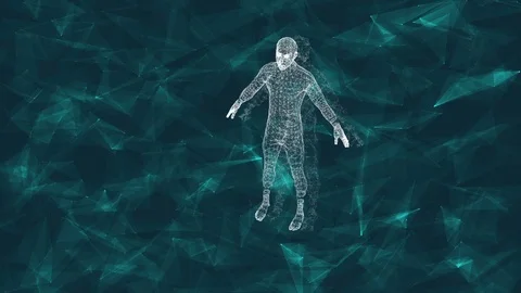 Abstract human form. 3D animation of male cyborg on a digital background with Stock Footage