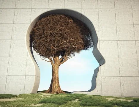 Abstract human head with a dry tree as a brain. The image could be used to .. Illustrazione stock
