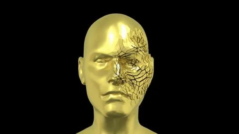 Abstract Human Head , Golden face or sculpture, 3D render Stock Illustration