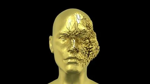 Abstract Human Head , Golden face or sculpture, 3D render Illustrazione stock