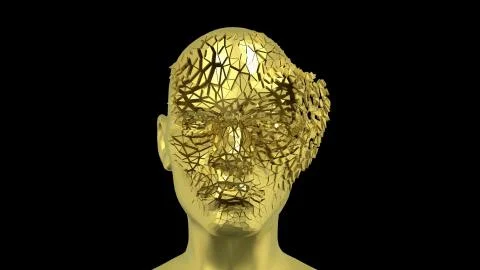 Abstract Human Head , Golden face or sculpture, 3D render Stock Illustration