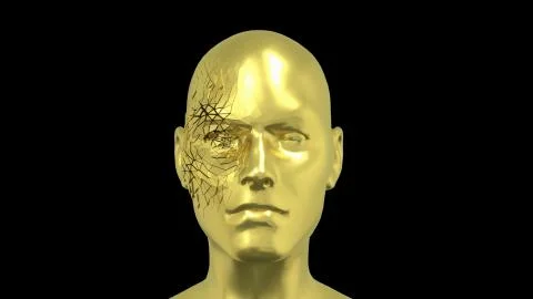 Abstract Human Head , Golden face or sculpture, 3D render Stock Illustration