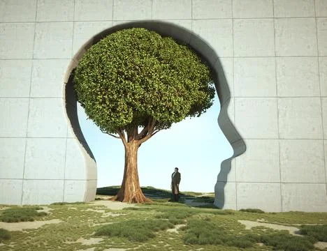 Abstract human head with a tree as a brain. Self development and growth min.. Illustrazione stock