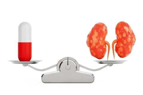 Abstract Human Kidneys Anatomy Structure with Capsule Pill Balancing on a S.. Stock Illustration