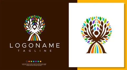 Abstract human tree logo design template. Fun colorful human leaf logo brand. Stock Illustration