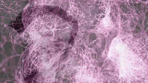 Abstract humanoid forms dancing in technology studio, highlighting magenta neon Stockbeeldmateriaal 330725410