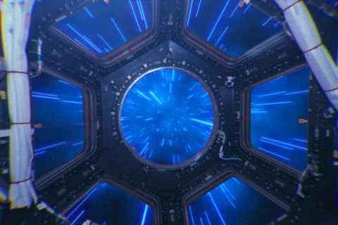 Abstract hyper jump in outer space on a spaceship view from the window 3d ill Illustrazione stock