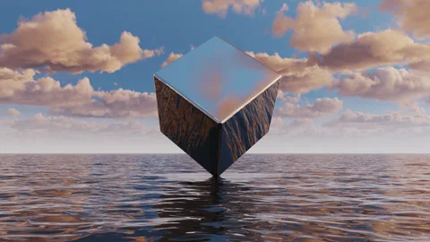Abstract idea cube mirror hangs over the sea and rotates Stock Footage 247022290