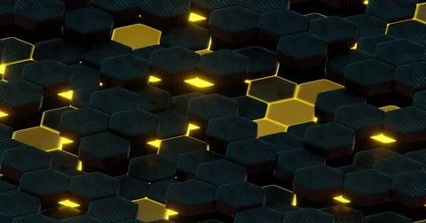 Abstract Illuminated Hexagonal Pattern with Bokeh Effects in Dark Background. Illustrazione stock
