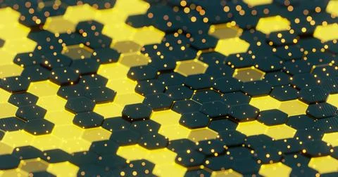 Abstract Illuminated Hexagonal Pattern with Bokeh Effects in Dark Background. Ilustração Stock