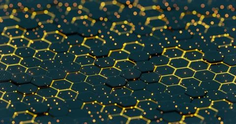 Abstract Illuminated Hexagonal Pattern with Bokeh Effects in Dark Background. Stockillustratie