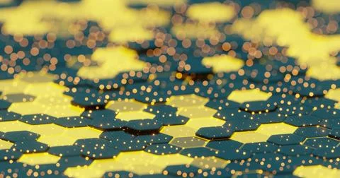 Abstract Illuminated Hexagonal Pattern with Bokeh Effects in Dark Background. Illustrazione stock