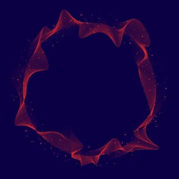 Abstract illuminated red dynamic circle waves line of particles array on dark Stock Illustration