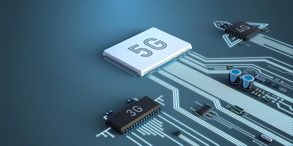 Abstract illustration of 5g, 4g, and 3g processors competing with each other. Stock Illustration