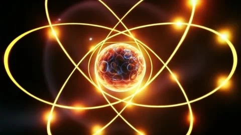Abstract illustration of atom structure with energy fields in dark space Stock Footage 318948480