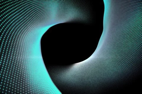 Abstract illustration of blue wave shaped array of green glowing dots against Stock Illustration