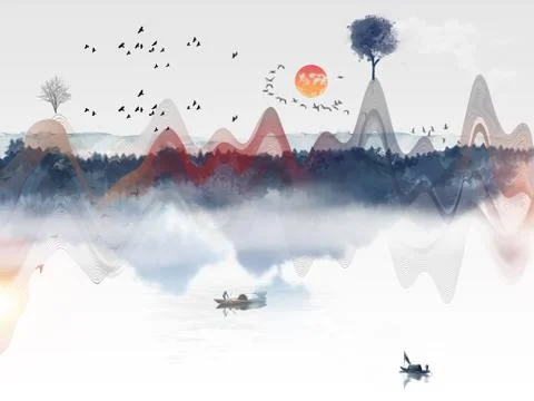 Abstract illustration, colored wave lines, lake, two boats, forest, birds Stock Illustration